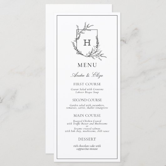 Floral Monogram Zwart-wit Bruiloft Menu (Voorkant / Achterkant)
