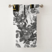 Floral monogram zwart, wit en  goud bad handdoek (Insitu)