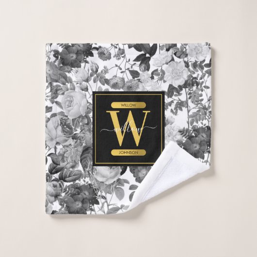 Floral monogram zwart, wit en  goud bad handdoek (Wasdoekje)