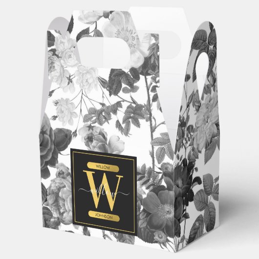 Floral monogram zwart, wit en goud bedankdoosjes (Geopend)