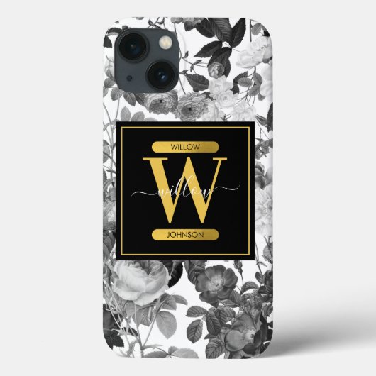 Floral monogram zwart, wit en  goud Case-Mate iPhone case (Achterkant)