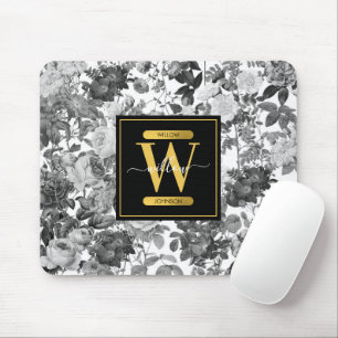 Floral monogram zwart, wit en  goud muismat