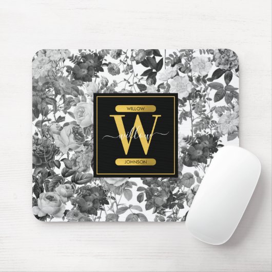 Floral monogram zwart, wit en  goud muismat (Met muis)