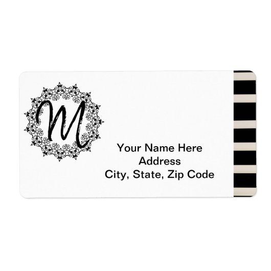 Floral monogram zwarte & witte streep etiket (Voorkant)