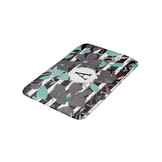 Floral Monogramed Grey Mint Stripe Pattern Badmat (Gekanteld)
