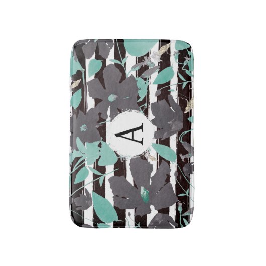 Floral Monogramed Grey Mint Stripe Pattern Badmat (Voorkant Verticaal)