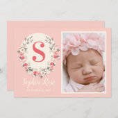 Floral Monogramme bébé fille Faire-part rose pâle (Devant / Derrière)