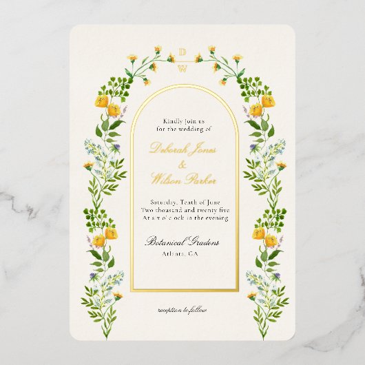 Floral monogrammé en Arch cadre Foil Invitation (Recto)
