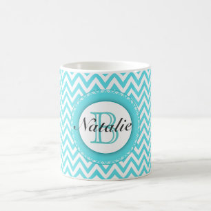 Floral Monogrammed Turquoise Blue Chevron Pattern Koffiemok