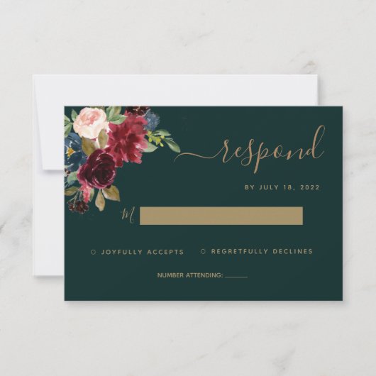 Floral Moody Emerald Green Jewel Tone Wedding RSVP (Devant)