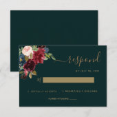 Floral Moody Emerald Green Jewel Tone Wedding RSVP (Devant / Derrière)