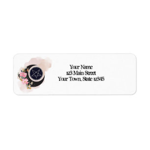 Floral Moon Pentacle met roze bloemen Etiket