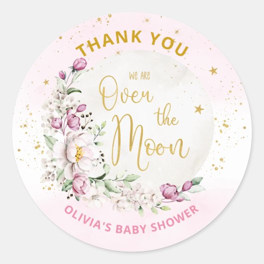 Floral Moon Pink Baby shower Dank u Ronde Sticker (Voorkant)