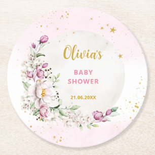 Floral Moon roze Baby shower Ronde Kartonnen Onderzetter