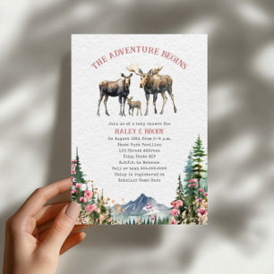 Floral Moose Woodland Adventure Girl Baby shower Kaart