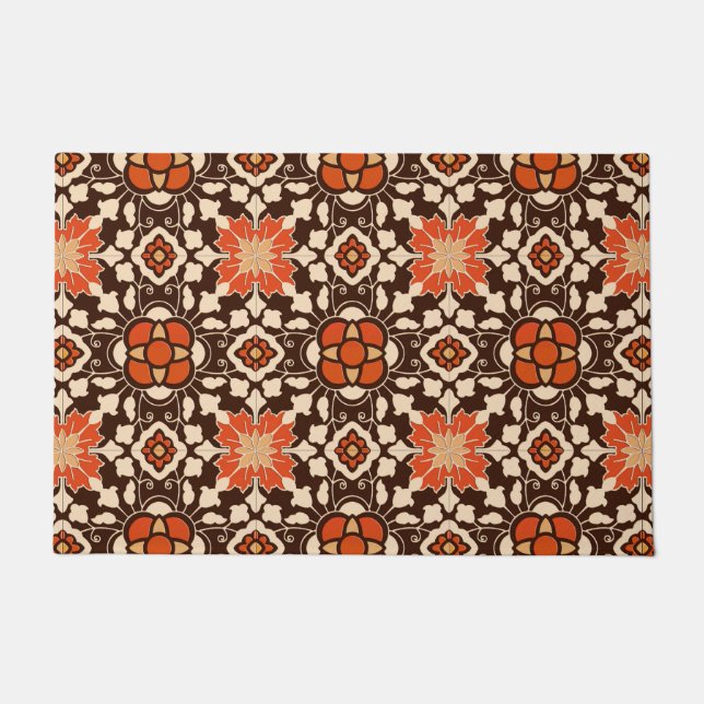 Floral Moroccan Tegel, Brown, Rust en Beige Deurmat (Voorkant)