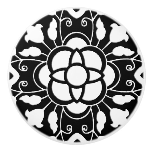 Floral Moroccan Tile, Black and White Keramische Knop (Voorkant)