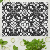 Floral Moroccan Tile, Black and White Theedoek (Gevouwen)