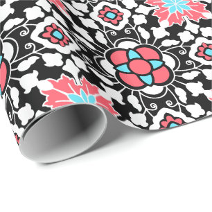 Floral Moroccan Tile, Black, White en Coral Pink Cadeaupapier