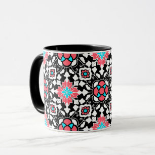 Floral Moroccan Tile, Black, White en Coral Pink  Mok