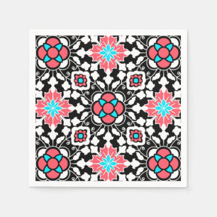 Floral Moroccan Tile, Black, White en Coral Pink Servet