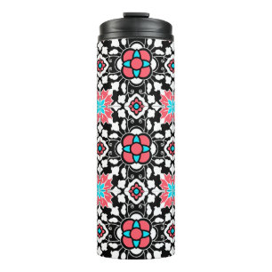 Floral Moroccan Tile, Black, White en Coral Pink Thermosbeker