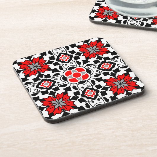 Floral Moroccan Tile, Deep Red, Black and White Bier Onderzetter (Linkerzijde)