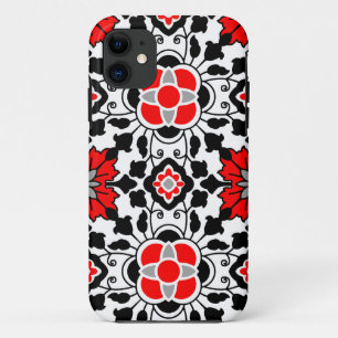 Floral Moroccan Tile, Deep Red, Black and White iPhone 11 Hoesje