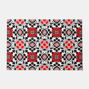 Floral Moroccan Tile, Deep Red, Black and White Deurmat