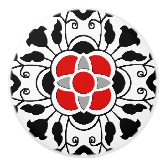 Floral Moroccan Tile, Deep Red, Black and White Keramische Knop (Voorkant)