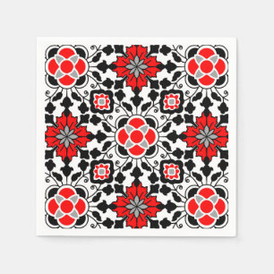 Floral Moroccan Tile, Deep Red, Black and White Servet