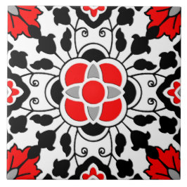Floral Moroccan Tile, Deep Red, Black and White Tegeltje