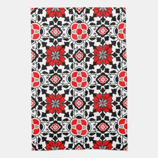 Floral Moroccan Tile, Deep Red, Black and White Theedoek (Verticaal)
