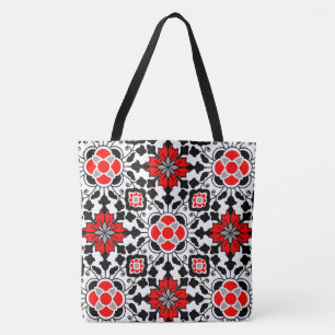 Floral Moroccan Tile, Deep Red, Black and White Tote Bag