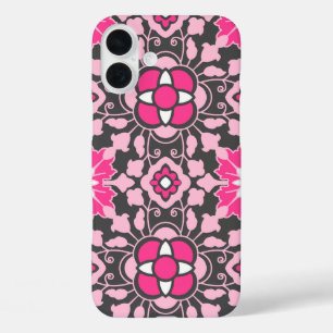 Floral Moroccan Tile, Fuchsia Pink & Grey / Grey iPhone 16 Plus Hoesje