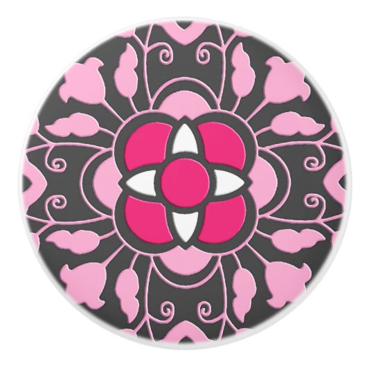 Floral Moroccan Tile, Fuchsia Pink & Grey / Grey Keramische Knop (Voorkant)