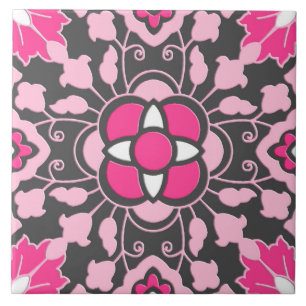 Floral Moroccan Tile, Fuchsia Pink & Grey / Grey Tegeltje