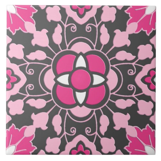 Floral Moroccan Tile, Fuchsia Pink & Grey / Grey Tegeltje (Voorkant)