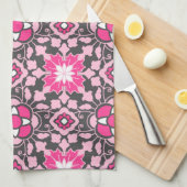 Floral Moroccan Tile, Fuchsia Pink & Grey / Grey Theedoek (Quarter Fold)