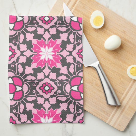 Floral Moroccan Tile, Fuchsia Pink & Grey / Grey Theedoek (Quarter Fold)