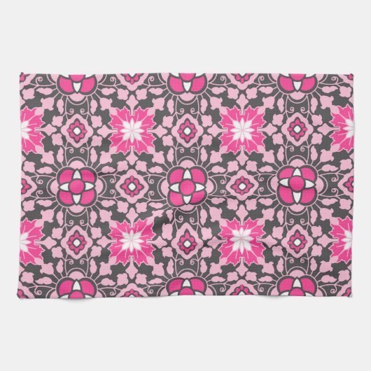 Floral Moroccan Tile, Fuchsia Pink & Grey / Grey Theedoek (Horizontaal)