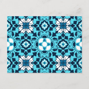 Floral Moroccan Tile, Indigo, Sky Blue en White Briefkaart