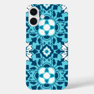 Floral Moroccan Tile, Indigo, Sky Blue en White iPhone 16 Plus Hoesje