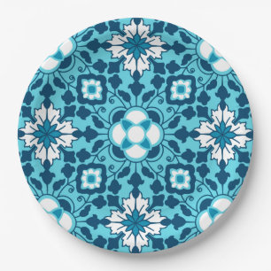 Floral Moroccan Tile, Indigo, Sky Blue en White Papieren Bordje