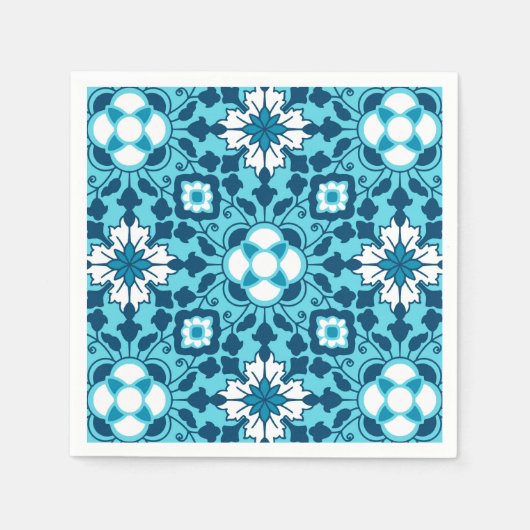 Floral Moroccan Tile, Indigo, Sky Blue en White Servetten (Voorkant)
