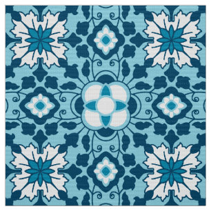Floral Moroccan Tile, Indigo, Sky Blue en White Stof