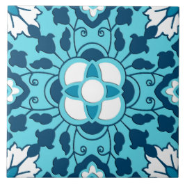 Floral Moroccan Tile, Indigo, Sky Blue en White Tegeltje