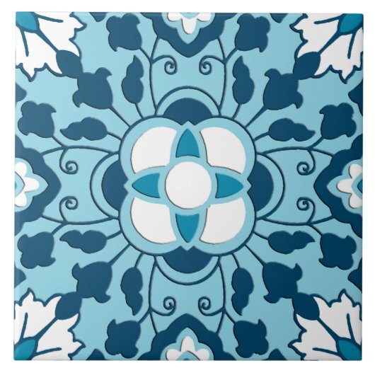Floral Moroccan Tile, Indigo, Sky Blue en White Tegeltje (Voorkant)