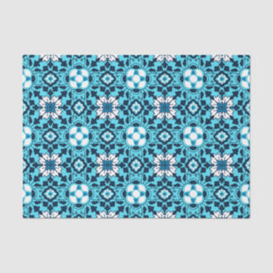 Floral Moroccan Tile, Indigo, Sky Blue en White Tissuepapier
