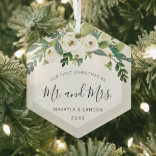 Floral Mr. en Mrs. Foto ons eerste kerstfeest Glas Ornament